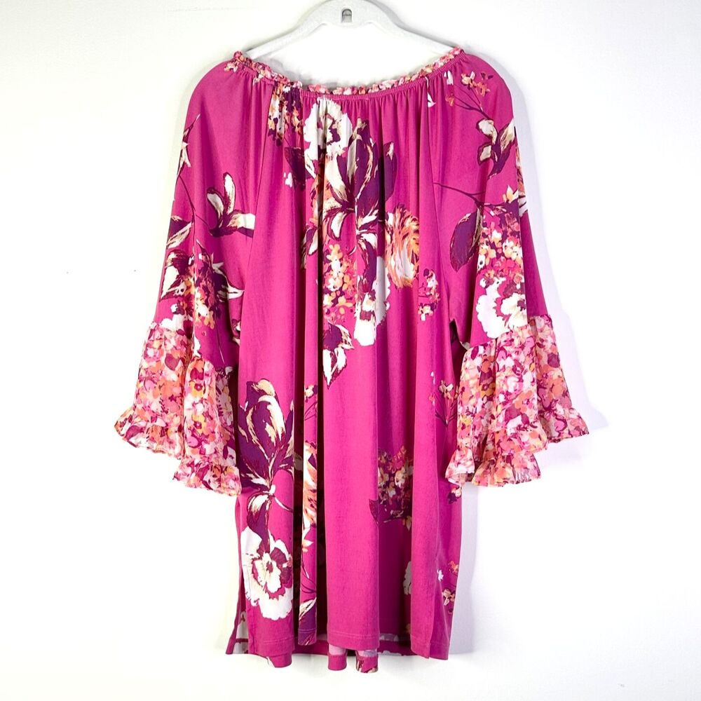 Susan Graver Top Women 1X Plus Pink Floral Tunic Bell Sleeves Peasant Bohemian - Picture 3 of 9
